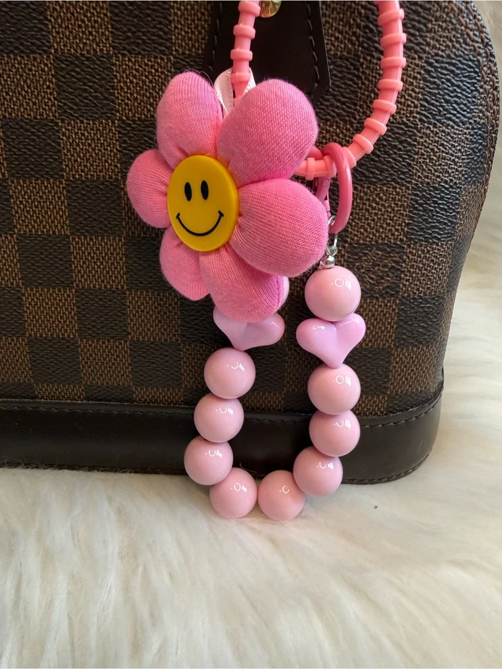 Pink Sunflower keychain Purse Bag charm key fob Beaded strap happy